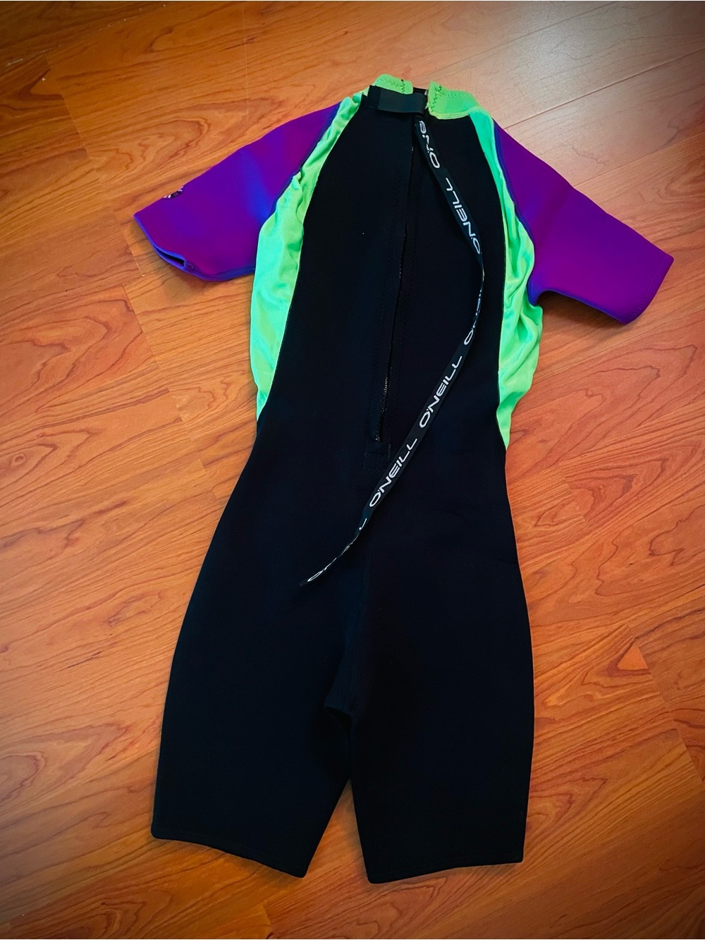 Vintage 90s O'Neill Wetsuit Shorty Springsuit Surf Neon Green Purple Women’s 6 - Picture 6 of 12